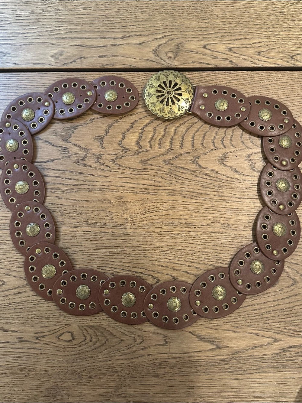 Women’s Brown Leather Boho Concho Disc Belt with Gold Tone Buckle